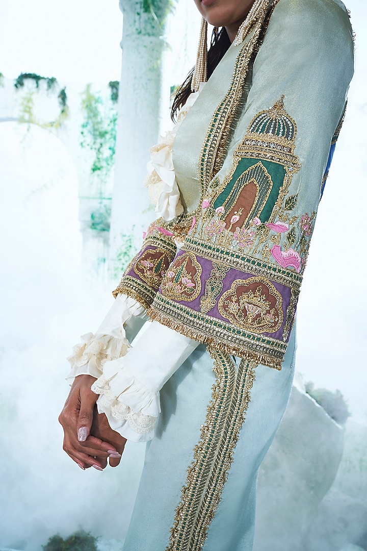 Soft Mint Green Zari Tissue Embroidered Blazer Set by Label Ankush Jain at Pernia's Pop Up Shop