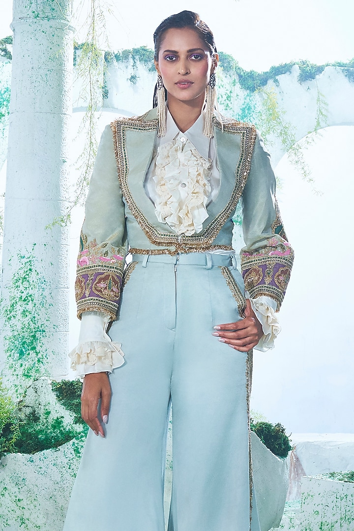 Soft Mint Green Zari Tissue Embroidered Blazer Set by Label Ankush Jain at Pernia's Pop Up Shop