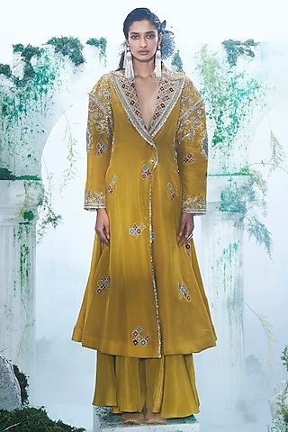 Yellow Foil Zari Georgette Zardosi Embroidered Oversized Anarkali Set by Label Ankush Jain