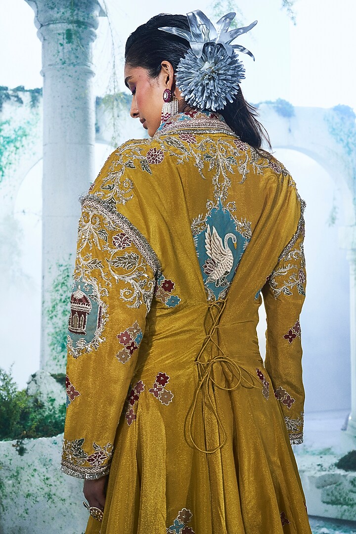 Yellow Foil Zari Georgette Zardosi Embroidered Oversized Wedding Anarkali Set by Label Ankush Jain at Pernia's Pop Up Shop