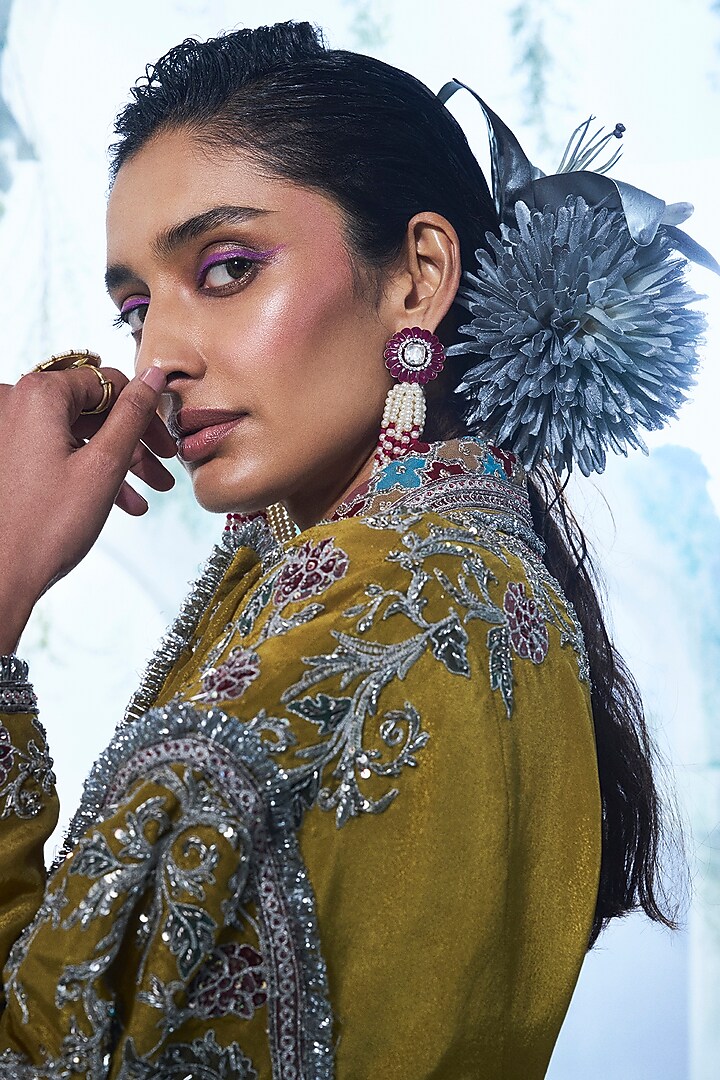Yellow Foil Zari Georgette Zardosi Embroidered Oversized Wedding Anarkali Set by Label Ankush Jain at Pernia's Pop Up Shop