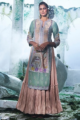 Mint Green Foil Zari Georgette Zardosi Embroidered Kurta With Gown by Label Ankush Jain