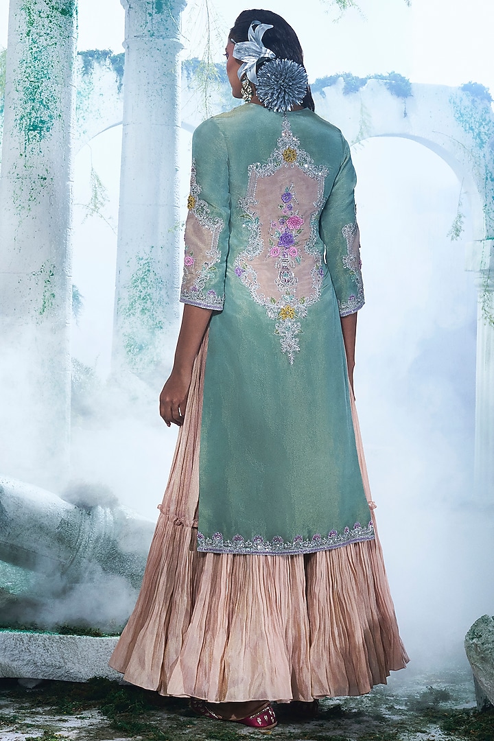 Mint Green Foil Zari Georgette Zardosi Embroidered Kurta With Gown by Label Ankush Jain at Pernia's Pop Up Shop