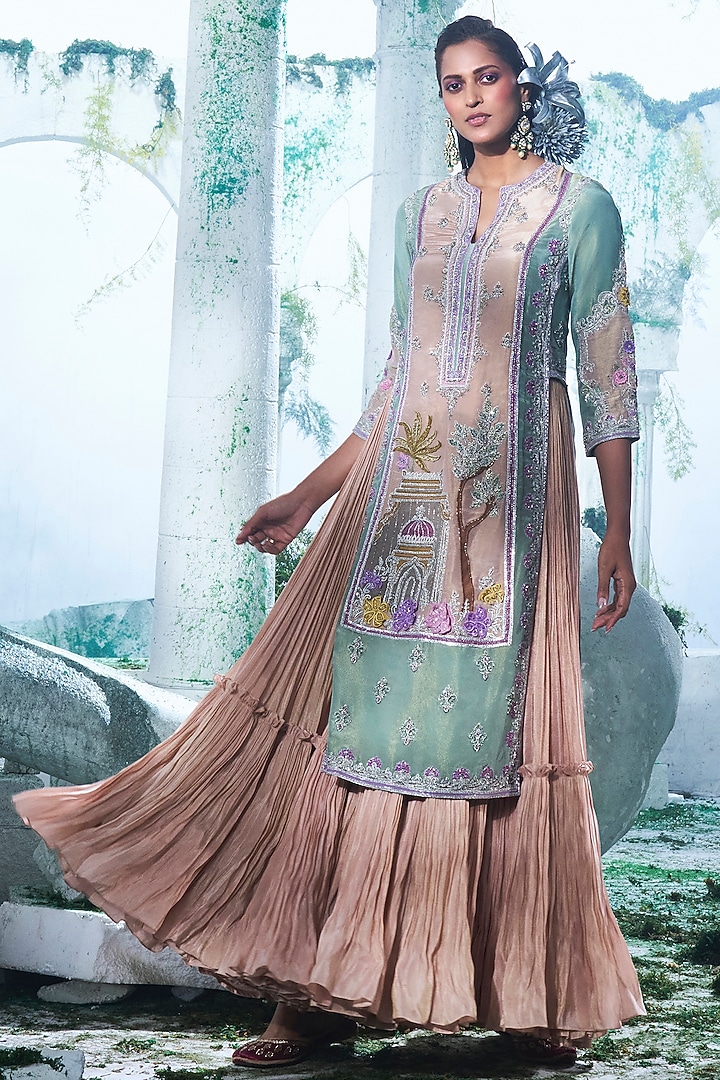 Mint Green Foil Zari Georgette Zardosi Embroidered Kurta With Gown by Label Ankush Jain at Pernia's Pop Up Shop