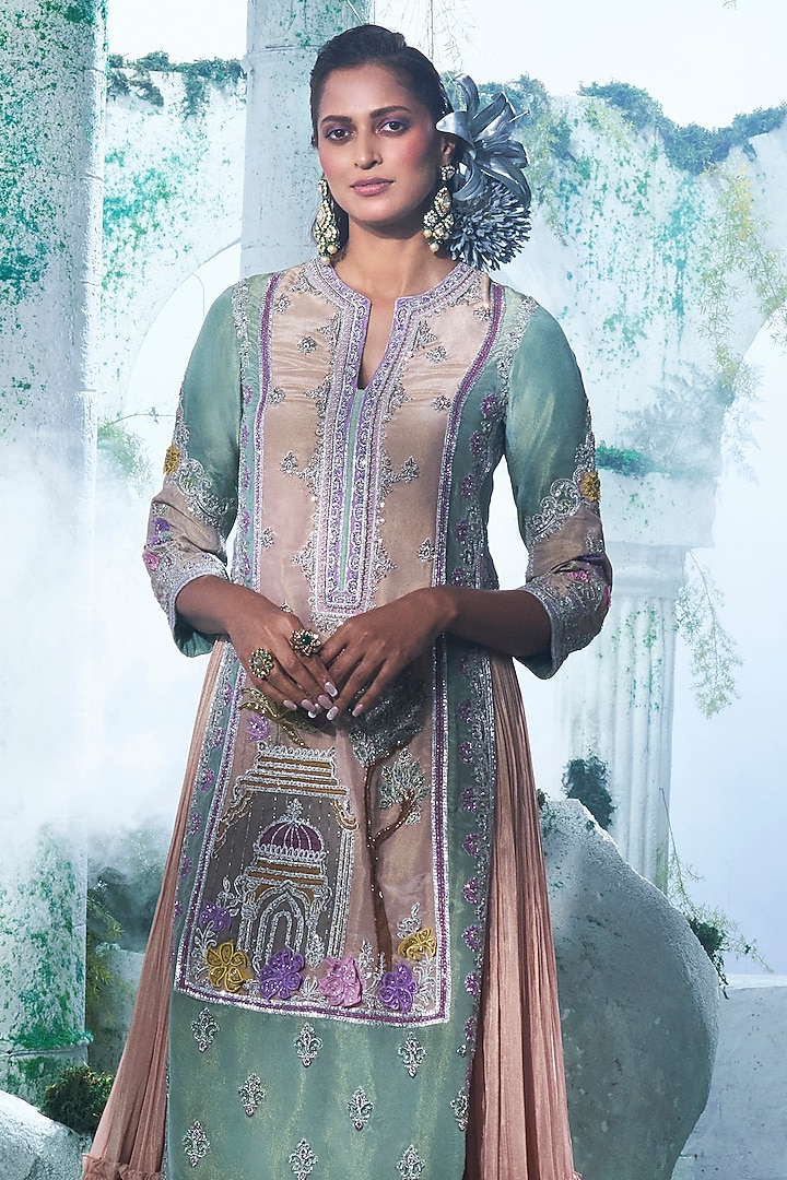 Mint Green Foil Zari Georgette Zardosi Embroidered Kurta With Gown by Label Ankush Jain at Pernia's Pop Up Shop
