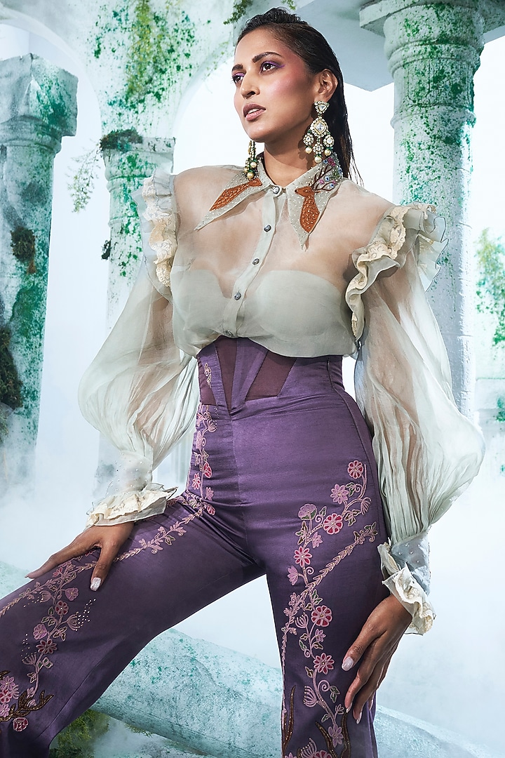 Purple Modal Satin Embroidered Pant Set by Label Ankush Jain at Pernia's Pop Up Shop