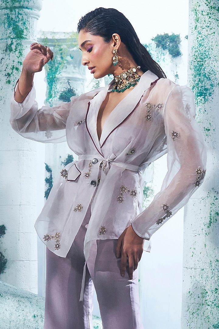 Lavender Pure Dupion Flared Pant Set by Label Ankush Jain at Pernia's Pop Up Shop