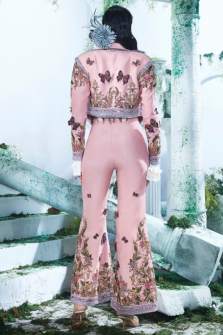 Peachish Pink Foil Zari Georgette Applique Embellished Crop Blazer Set by Label Ankush Jain at Pernia's Pop Up Shop
