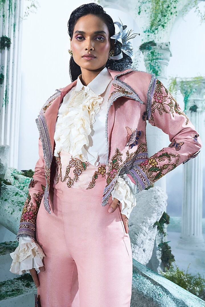 Peachish Pink Foil Zari Georgette Applique Embellished Crop Blazer Set by Label Ankush Jain at Pernia's Pop Up Shop