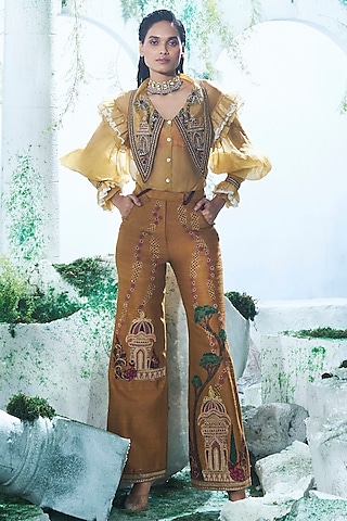 Mustard Yellow Organza Raw Silk Pant Set by Label Ankush Jain