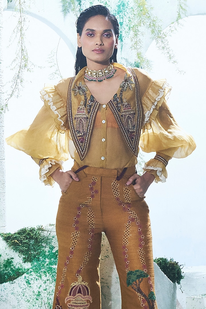 Mustard Yellow Organza Raw Silk Pant Set by Label Ankush Jain at Pernia's Pop Up Shop