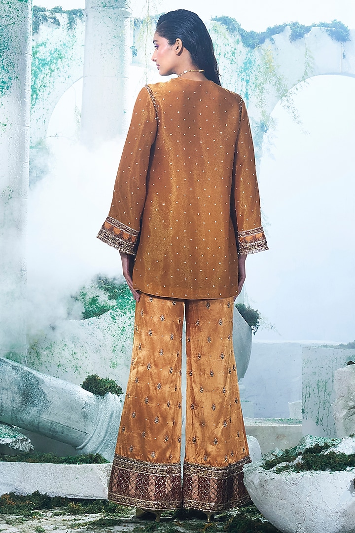 Rust Foil Zari Georgette Applique Embroidered Kurta Set by Label Ankush Jain at Pernia's Pop Up Shop
