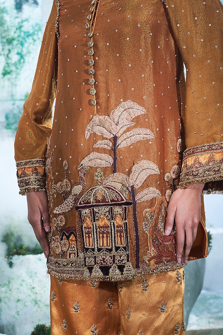 Rust Foil Zari Georgette Applique Embroidered Kurta Set by Label Ankush Jain at Pernia's Pop Up Shop