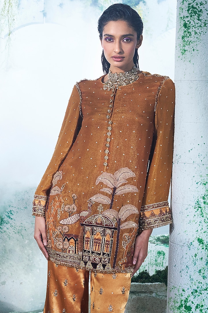 Rust Foil Zari Georgette Applique Embroidered Kurta Set by Label Ankush Jain at Pernia's Pop Up Shop