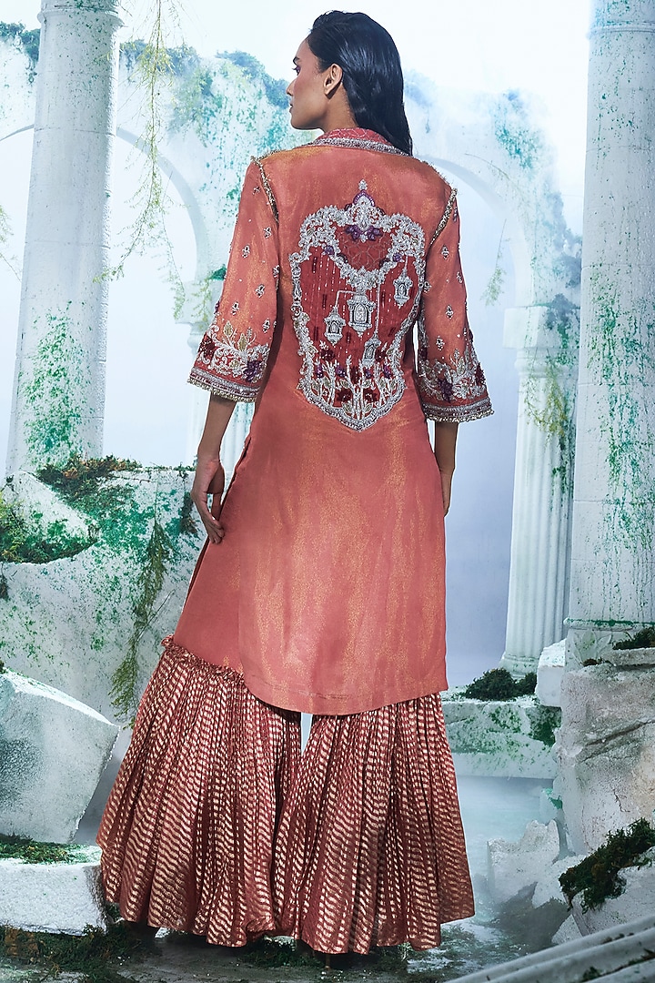 Rouge Pink Banarasi Jacquard Applique Embellished Wedding Sharara Set by Label Ankush Jain at Pernia's Pop Up Shop