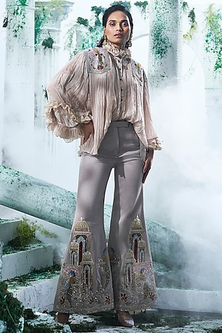 Dove Grey Chinon Chiffon Applique Embellished Flared Pant Set by Label Ankush Jain