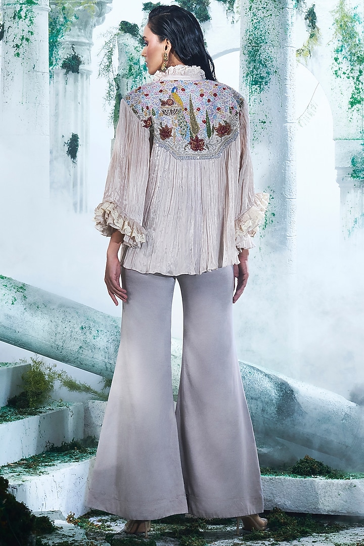 Dove Grey Chinon Chiffon Applique Embellished Flared Pant Set by Label Ankush Jain at Pernia's Pop Up Shop