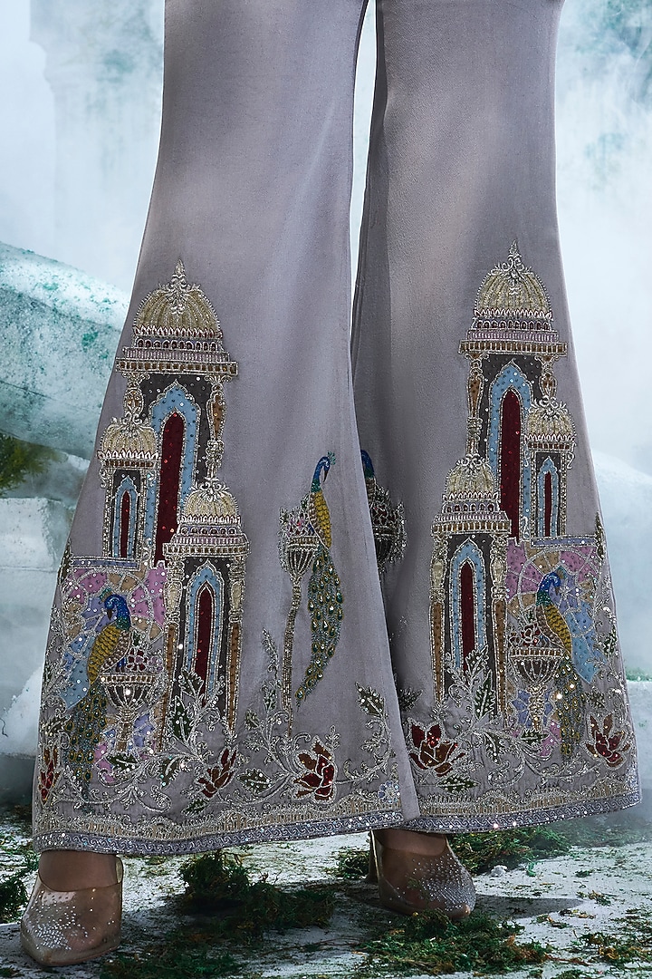 Dove Grey Chinon Chiffon Applique Embellished Flared Pant Set by Label Ankush Jain at Pernia's Pop Up Shop