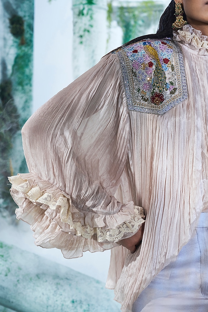 Dove Grey Chinon Chiffon Applique Embellished Flared Pant Set by Label Ankush Jain at Pernia's Pop Up Shop