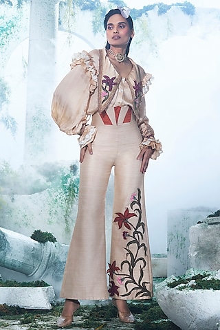 Peach Raw Silk Applique Embroidered Corset Pant Set by Label Ankush Jain