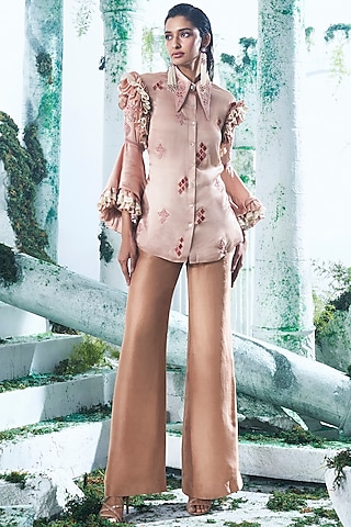 Salmon Peach Pure Dupion Flared Pant Set by Label Ankush Jain