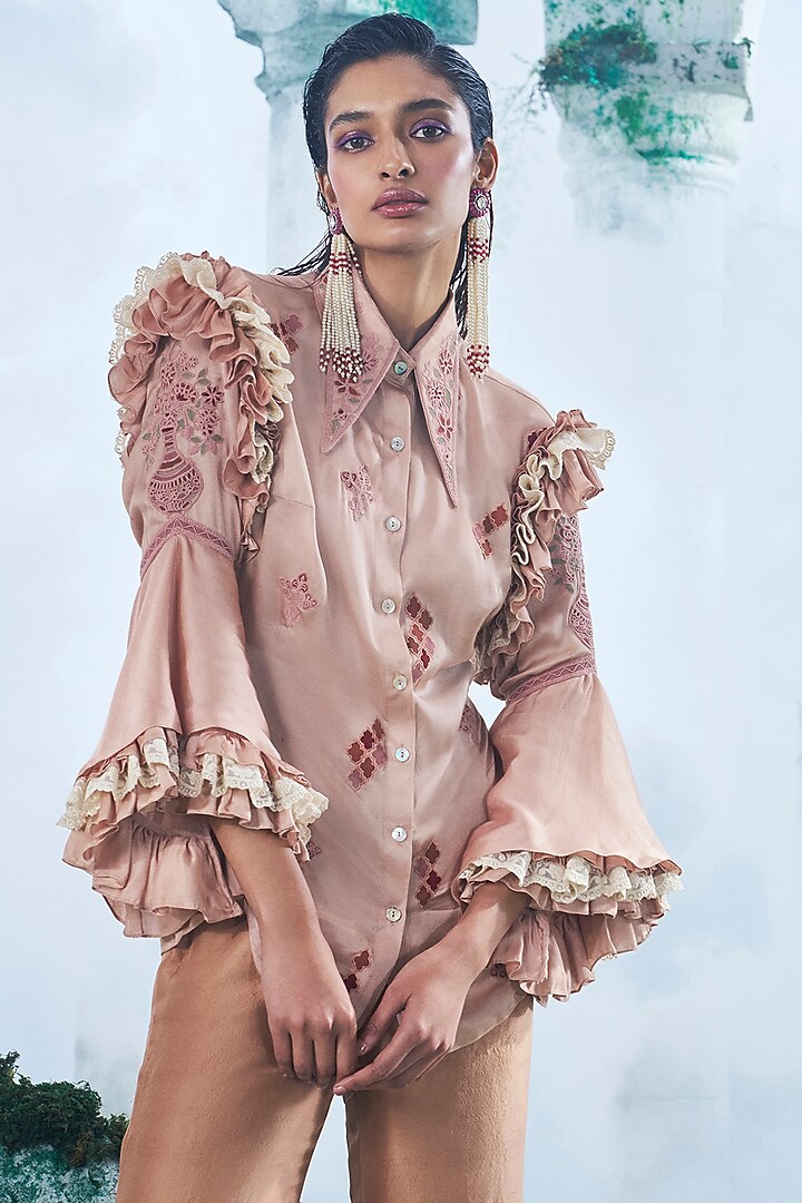 Salmon Peach Pure Dupion Flared Pant Set by Label Ankush Jain at Pernia's Pop Up Shop