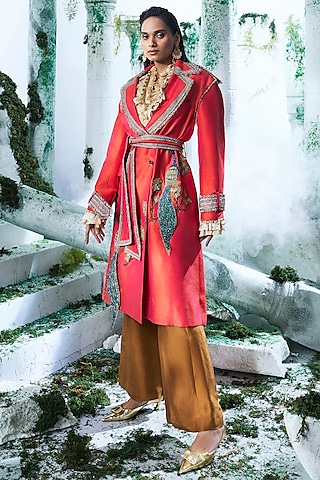 Rust Pure Raw Silk Applique Embroidered Trench Coat Set by Label Ankush Jain