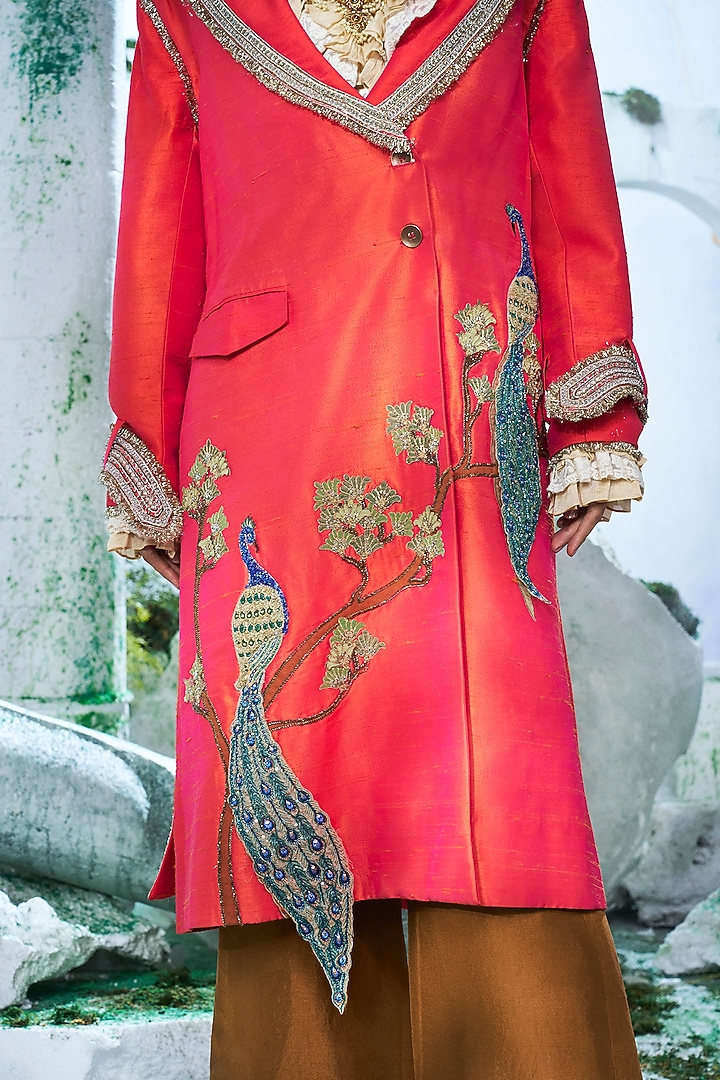Rust Pure Raw Silk Applique Embroidered Trench Coat Set by Label Ankush Jain at Pernia's Pop Up Shop