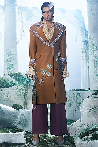 Deep Mustard Pure Raw Silk Zari Embroidered Trench Coat Set by Label Ankush Jain