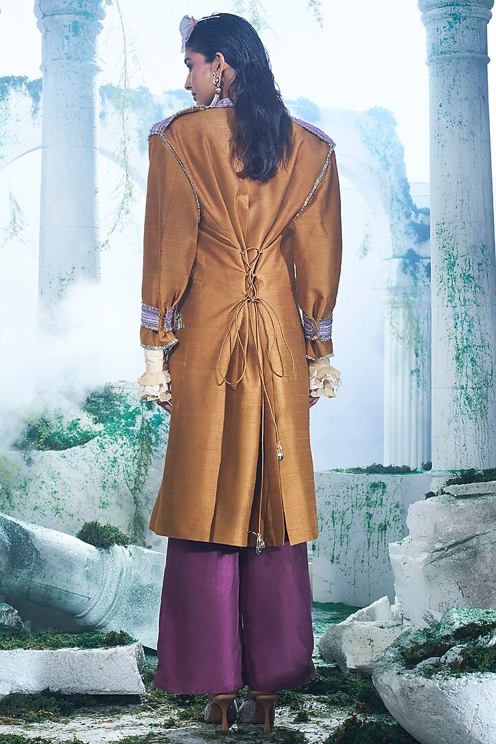Deep Mustard Pure Raw Silk Zari Embroidered Trench Coat Set by Label Ankush Jain at Pernia's Pop Up Shop