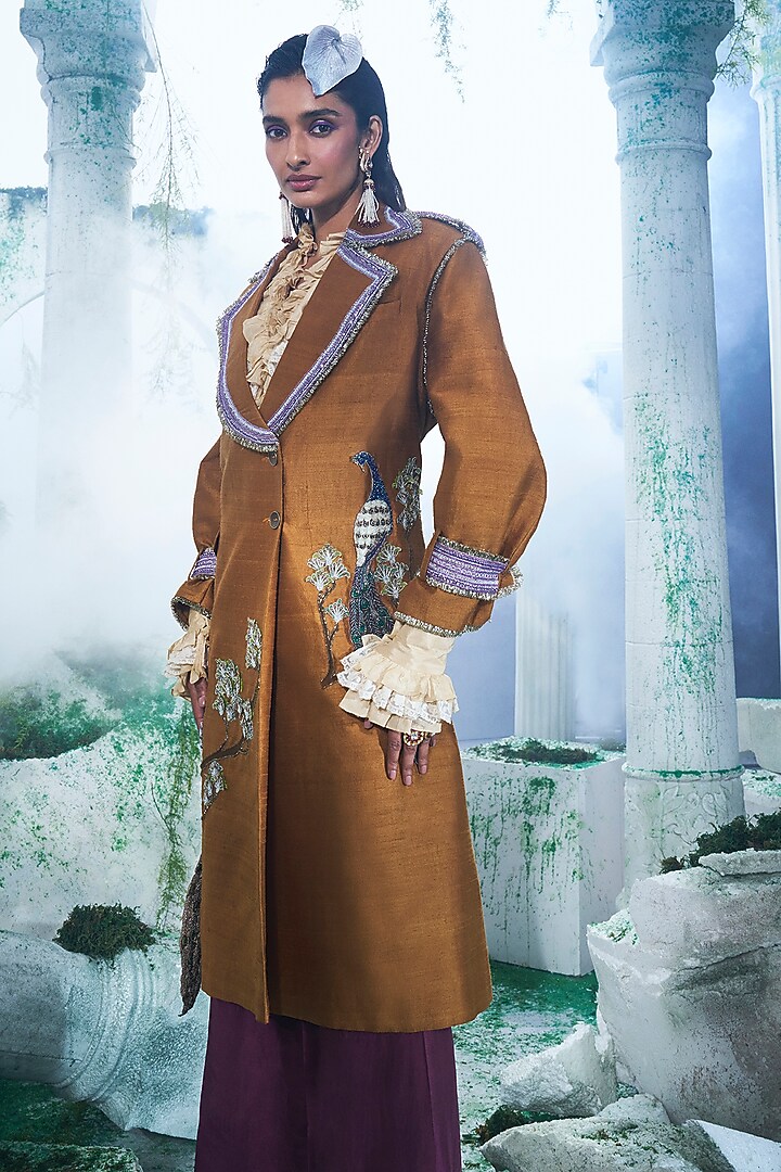 Deep Mustard Pure Raw Silk Zari Embroidered Trench Coat Set by Label Ankush Jain at Pernia's Pop Up Shop