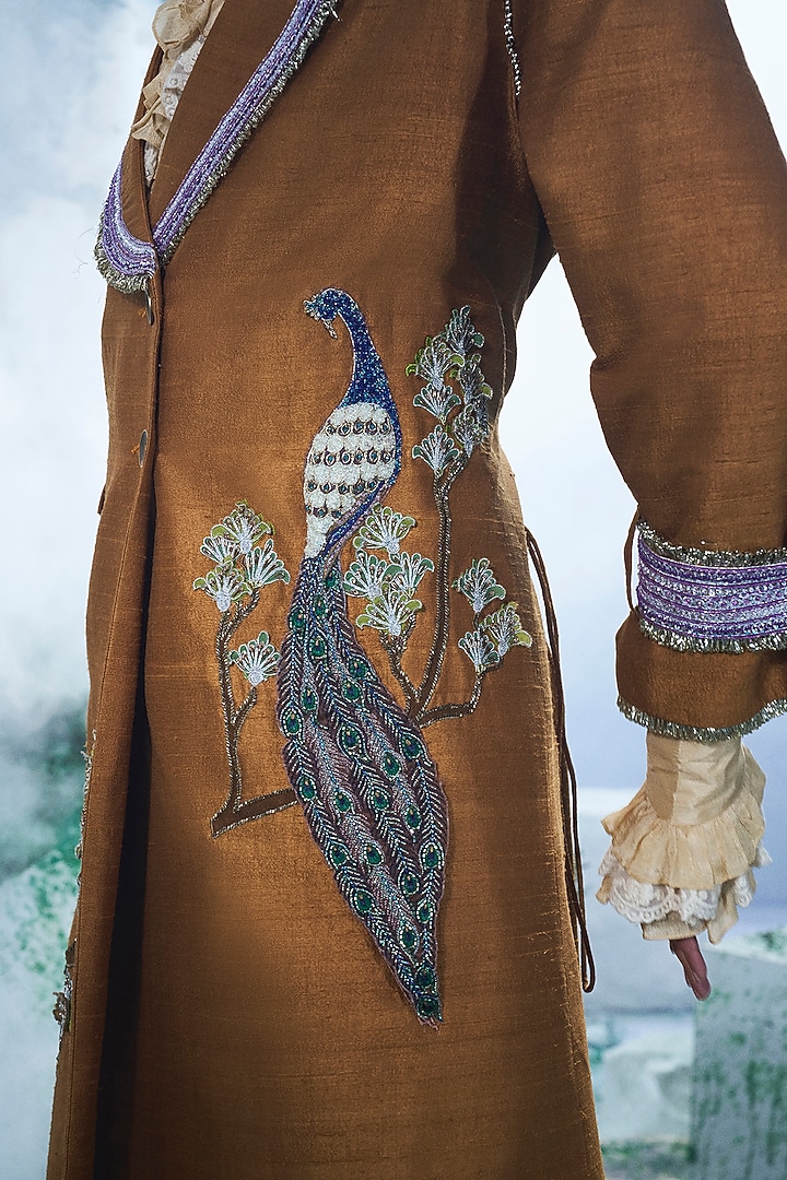 Deep Mustard Pure Raw Silk Zari Embroidered Trench Coat Set by Label Ankush Jain at Pernia's Pop Up Shop