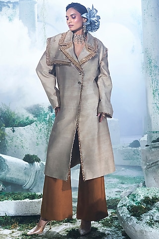 Dusky Beige Pure Raw Silk Zari Embroidered Trench Coat Set by Label Ankush Jain