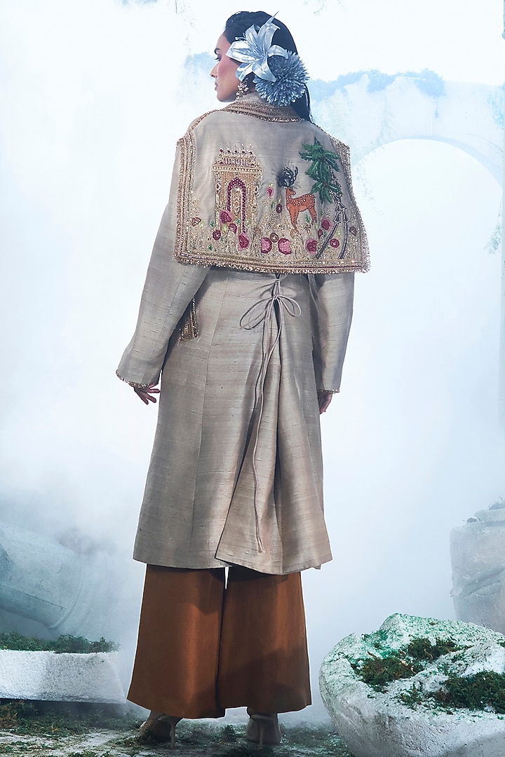 Dusky Beige Pure Raw Silk Zari Embroidered Trench Coat Set by Label Ankush Jain at Pernia's Pop Up Shop