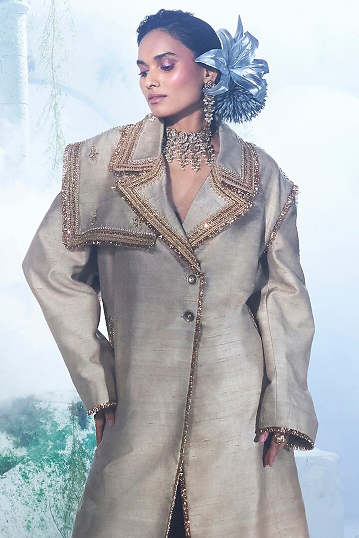 Dusky Beige Pure Raw Silk Zari Embroidered Trench Coat Set by Label Ankush Jain at Pernia's Pop Up Shop