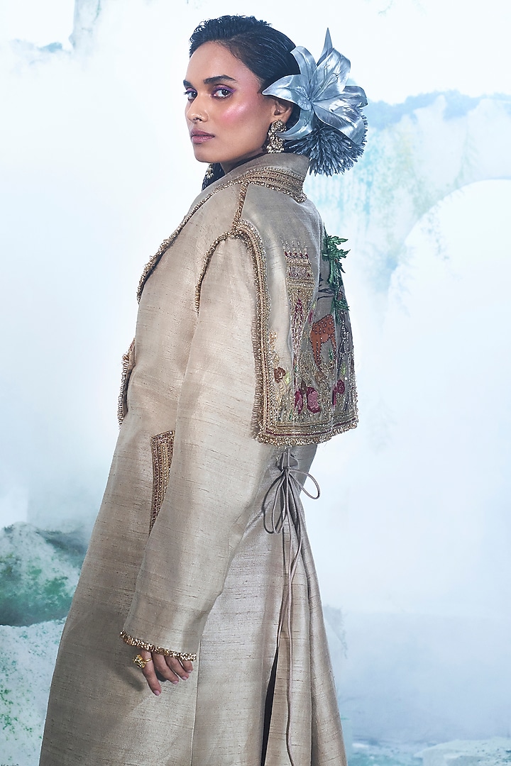 Dusky Beige Pure Raw Silk Zari Embroidered Trench Coat Set by Label Ankush Jain at Pernia's Pop Up Shop