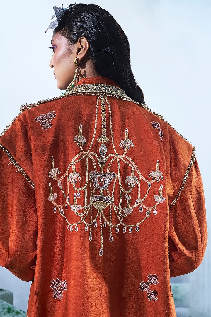 Rust Orange Pure Raw Silk Zari Embroidered Trench Coat Set by Label Ankush Jain at Pernia's Pop Up Shop