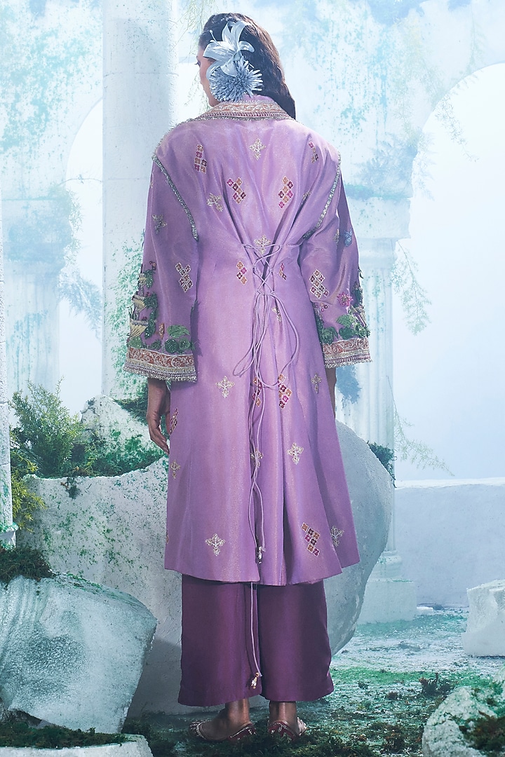 Light Purple Pure Foil Zari Georgette Embroidered Trench Coat Set by Label Ankush Jain at Pernia's Pop Up Shop