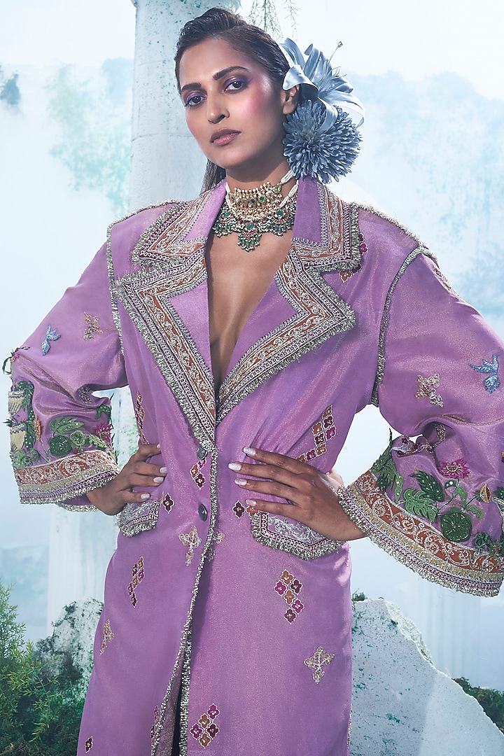 Light Purple Pure Foil Zari Georgette Embroidered Trench Coat Set by Label Ankush Jain at Pernia's Pop Up Shop