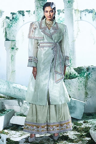 Mint Green Pure Zari Tissue Zari Embroidered Trench Coat Set by Label Ankush Jain