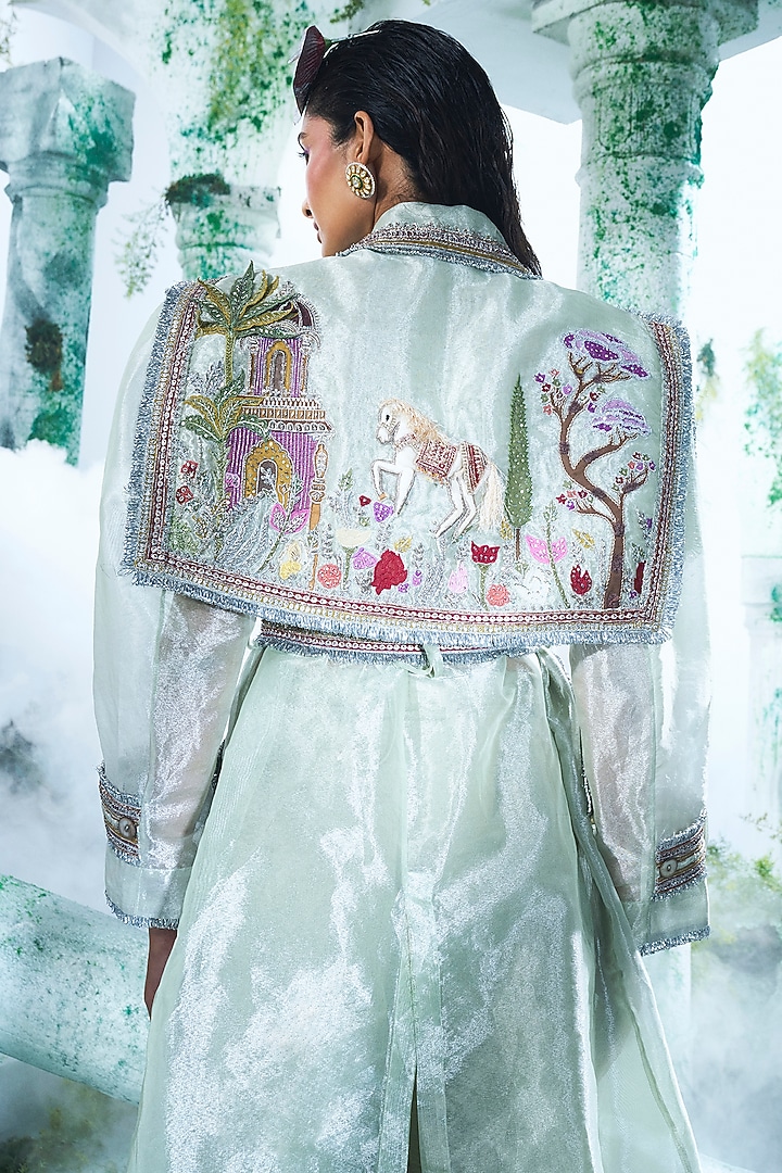 Mint Green Pure Zari Tissue Zari Embroidered Trench Coat Set by Label Ankush Jain at Pernia's Pop Up Shop