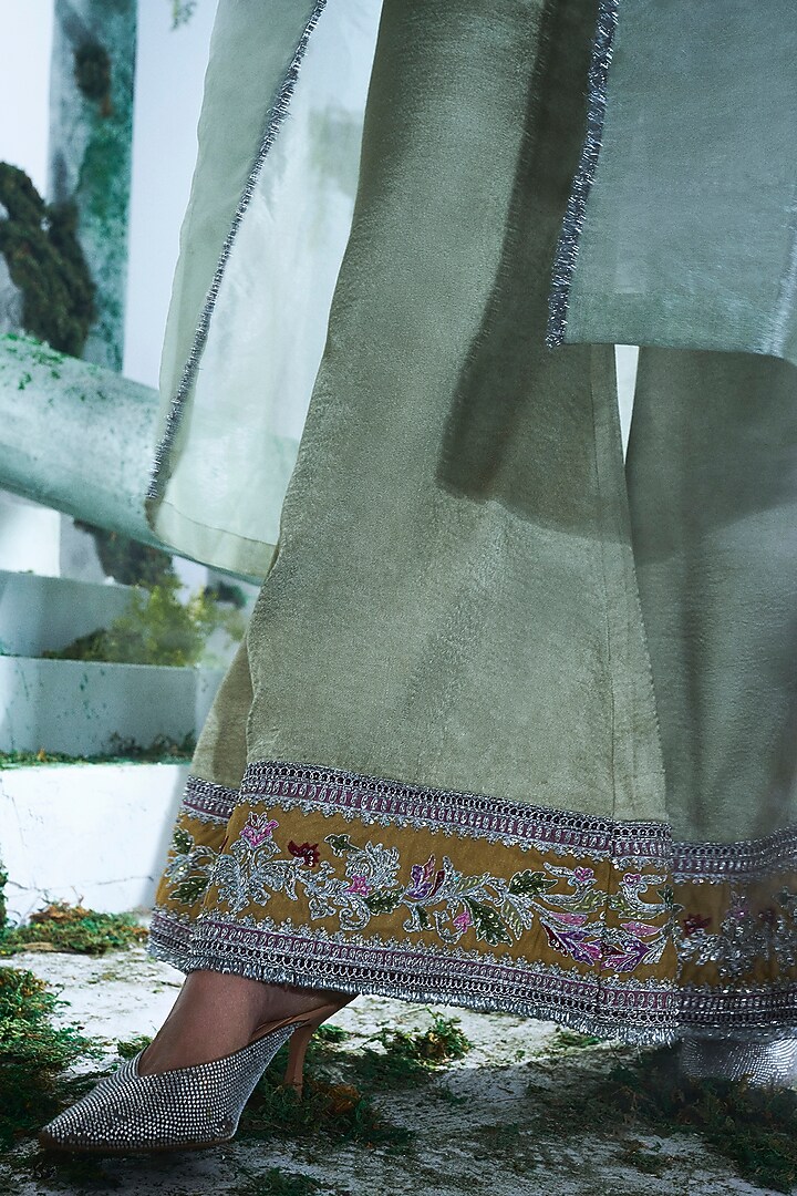Mint Green Pure Zari Tissue Zari Embroidered Trench Coat Set by Label Ankush Jain at Pernia's Pop Up Shop