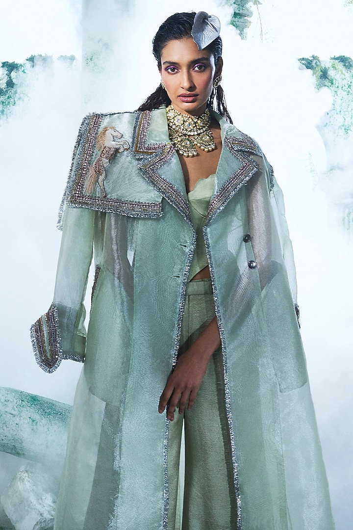 Mint Green Pure Zari Tissue Zari Embroidered Trench Coat Set by Label Ankush Jain at Pernia's Pop Up Shop