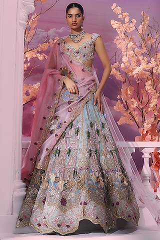 Sky Blue Shaded Pure Organza Motifs Embroidered Lehenga Set by Label Ankush Jain