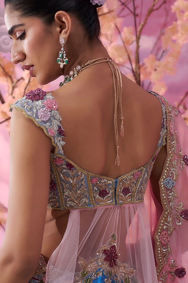 Sky Blue Shaded Pure Organza Motifs Embroidered Bridal Lehenga Set by Label Ankush Jain at Pernia's Pop Up Shop