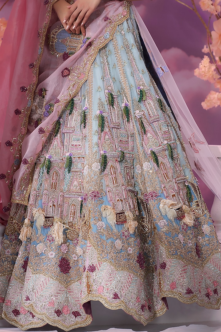 Sky Blue Shaded Pure Organza Motifs Embroidered Bridal Lehenga Set by Label Ankush Jain at Pernia's Pop Up Shop