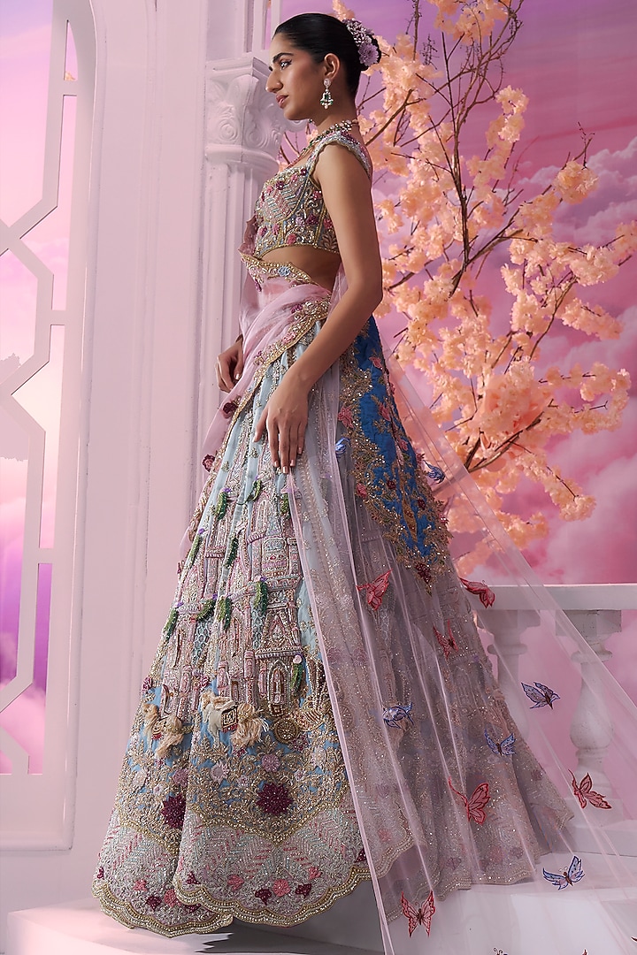 Sky Blue Shaded Pure Organza Motifs Embroidered Bridal Lehenga Set by Label Ankush Jain at Pernia's Pop Up Shop