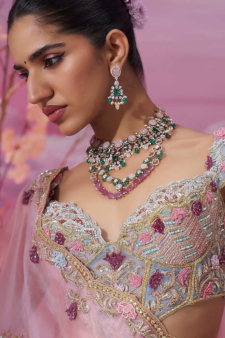 Sky Blue Shaded Pure Organza Motifs Embroidered Bridal Lehenga Set by Label Ankush Jain at Pernia's Pop Up Shop