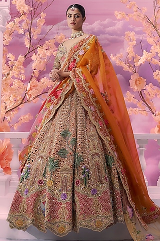 Rust Pure Organza Motifs Embroidered Lehenga Set by Label Ankush Jain