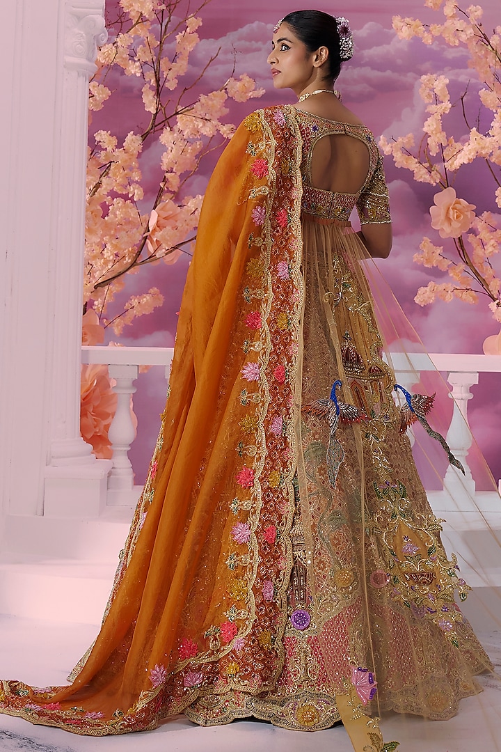 Rust Pure Organza Motifs Embroidered Bridal Lehenga Set by Label Ankush Jain at Pernia's Pop Up Shop